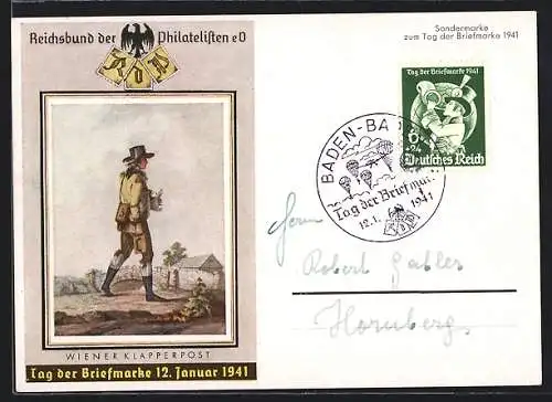 AK Stempel Baden-Baden, Tag der Briefmarke 1941