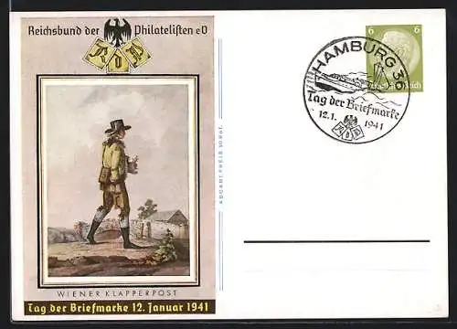 AK Stempel Hamburg, Tag der Briefmarke, 12. Januar 1941, Ganzsache
