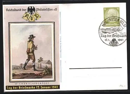 AK Stempel Mülhausen /Els., Tag der Briefmarke, 12. Januar 1941, Ganzsache