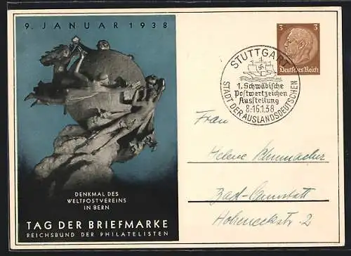 AK Stempel Stuttgart, 1. Schwäbische Postwertzeichen-Ausstellung 1938, Ganzsache