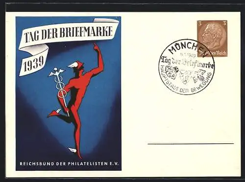 AK Stempel München, Tag der Briefmarke 1939, Ganzsache, Hermes