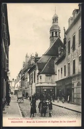 AK Beaune, Rue de Lorraine et Eglise de la Charité
