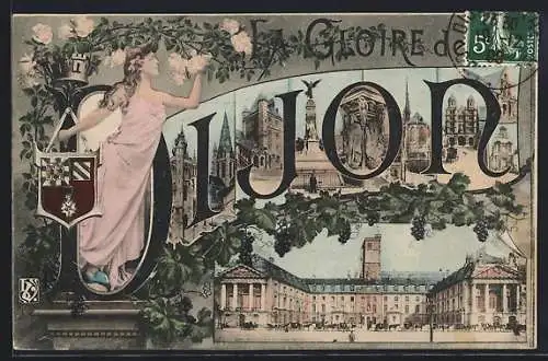 AK Dijon, La Gloire de Dijon avec des illustrations de monuments et une femme en robe rose