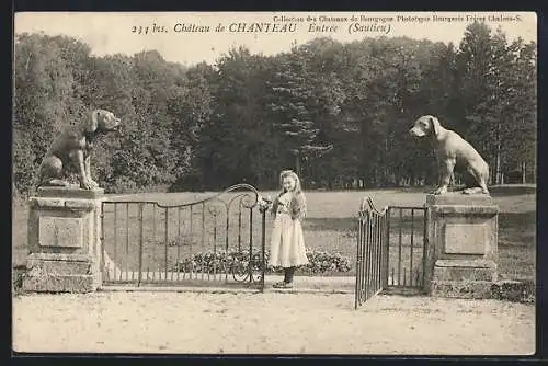 AK Chanteau, Entrée du Château avec statues de chiens et une fille