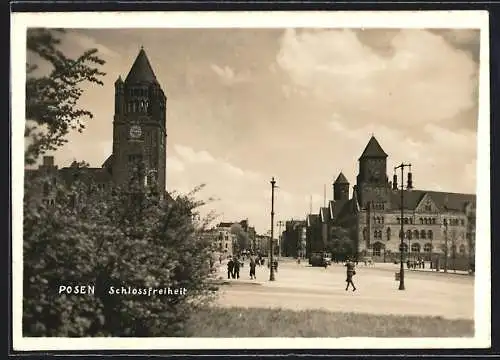 AK Posen, Strassenbahn an der Schlossfreiheit