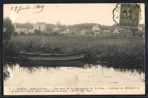 AK Noizay, châteaux de Noizay et de Mauvaville, église, prise de la rive gauche de la Cisse