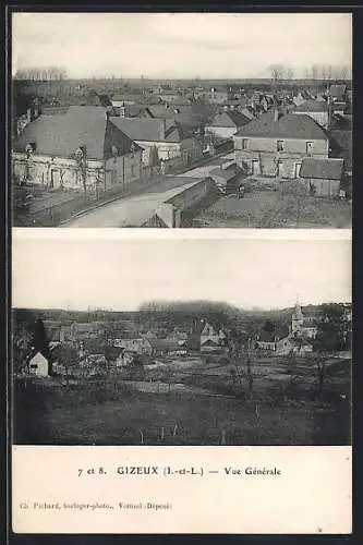 AK Gizeux, vue générale des maisons et église du village