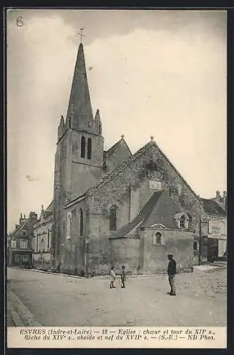 AK Esvres, église, chœur et tour du XIIe s., flèche du XIVe s., abside et nef du XVIIe s