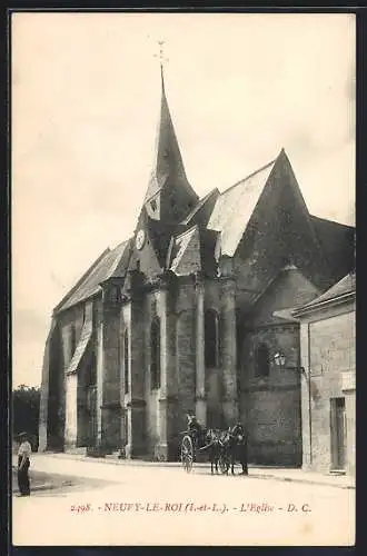 AK Neuvy-le-Roi, l`Église avec une calèche devant