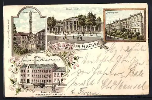 Lithographie Aachen, Geschäftshaus Wilkes & Cie., Marien-Säule, Elisenbrunnen, Polytechnikum