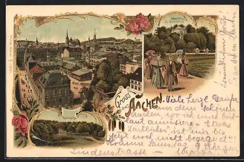 Lithographie Aachen, Lousberg m. Belvedere, Blick zur Karlshöhe