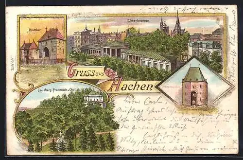 Künstler-AK Aachen, Ponttor, Loueberg, Promenade mit Obelisk, Marschiertor