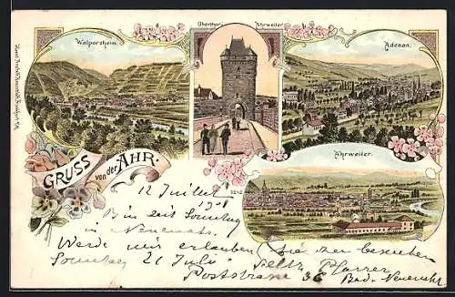 Lithographie Ahrweiler, Obertor, Walporzheim und Adenan