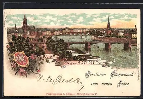 Lithographie Frankfurt a. M., Panoramablick an der Mainbrücke