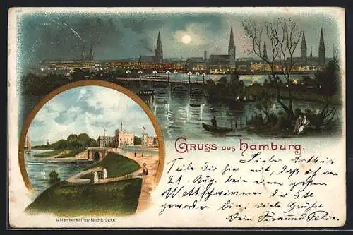 Lithographie Hamburg, Feenteichbrücke in Uhlenhorst, Totalansicht