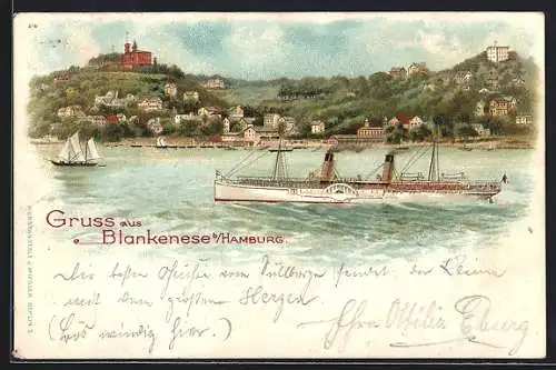 Lithographie Hamburg-Blankenese, Dampfer auf der Elbe passiert den Süllberg