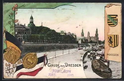 AK Dresden, Brühlsche Terrassen, Passepartout mit Flaggen des Zweibundes und Stadtwappen