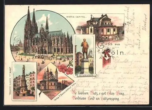 Lithographie Köln, Maria Capitol, Apostel-Kirche, Jahn van Werth Denkmal, Bismarck