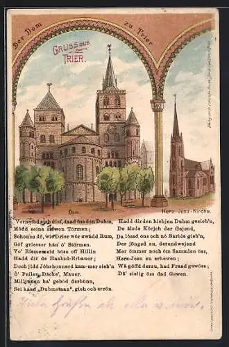 Lithographie Trier, Dom und Herz-Jesu-Kirche