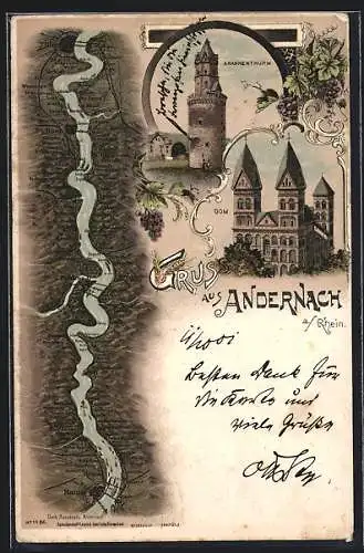 Lithographie Andernach a. Rhein, Krahnenturm, Dom, Karte des Rheinverlaufs zwischen Mainz und Köln