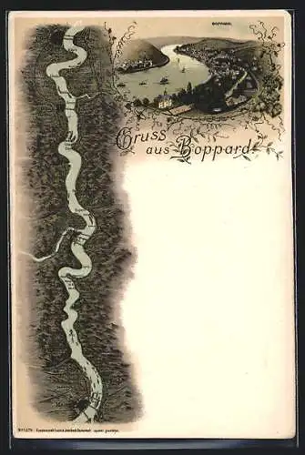 Lithographie Boppard, Gesamtansicht am Fluss, Karte des Rheinverlaufs zwischen Mainz und Köln