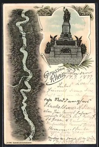 Lithographie Rüdesheim / Rhein, Karte mit dem Rheinverlauf zwischen Mainz und Köln, Nationaldenkmal a. d. Niederwald