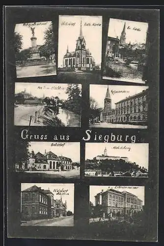 AK Siegburg, Gymnasium, Ev. Kirche, Kriegerdenkmal, Bahnhof, Michelsberg, Lehrerseminar