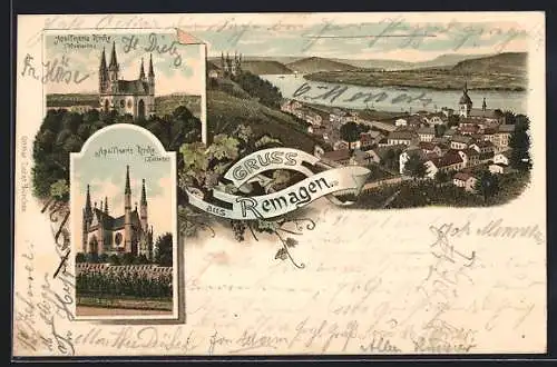 Lithographie Remagen, Südseite und Westseite der Appolinaris-Kirche