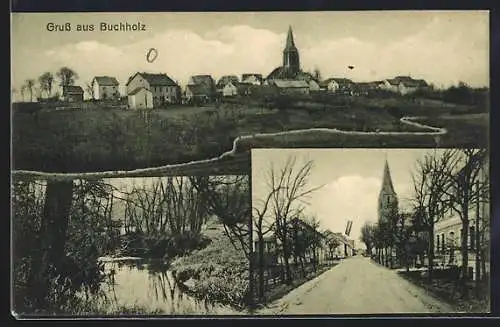 AK Buchholz / Westerwald, Gesamtansicht, Strassenpartie und Teich