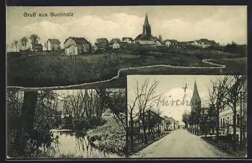 AK Buchholz / Westerwald, Gesamtansicht, Strassenpartie und Teich