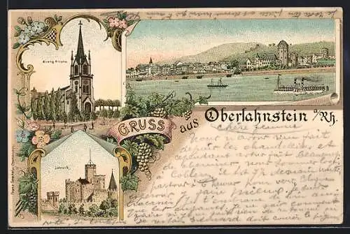 Lithographie Oberlahnstein a. Rh., Burg Lahneck, Evangelische Kirche, Uferpartie