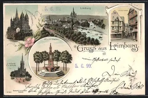 Lithographie Limburg / Lahn, Dom, Evangelische Kirche, Krieger-Denkmal