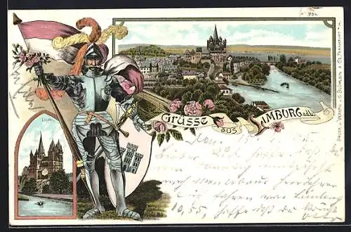 Lithographie Limburg / Lahn, Totalansicht, Dom, Ritter in Rüstung