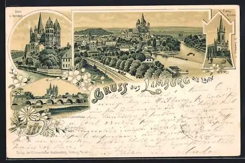 Lithographie Limburg a. d. Lahn, Dom v. Norden, Evangelische Kirche, Lahnbrücke