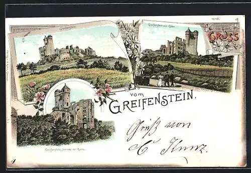 Lithographie Greifenstein / Hessen, Panoramablick von Osten & Inneres der Ruine