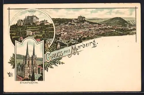 Lithographie Marburg, Elisabeth-Kirche, Schloss & Ortsansicht