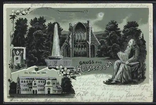 Mondschein-Lithographie Heisterbach, Kirche vor 1808, Ruine mit Fontäne