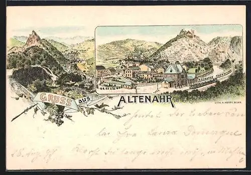 Lithographie Altenahr, Teilansicht mit Bahn, Panorama