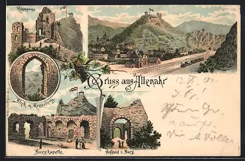 Lithographie Altenahr, Rittersprung, Burgkapelle, Totalansicht mit Eisenbahn