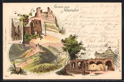 Lithographie Altenahr, Burg Rittersprung, mit Verlies und Burgkapelle