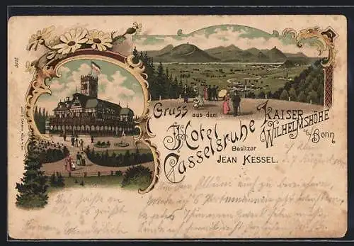 Lithographie Bonn, Kaiser-Wilhelm-Höhe, Hotel Casselsruhe, Panorama