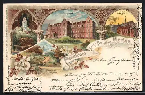 Lithographie Merten / Bornheim, Pensionat zur heiligen Familie, Kloster und Kapelle