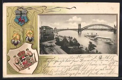 Passepartout-Lithographie Bonn, Brücke mit Dampfer, Wappen