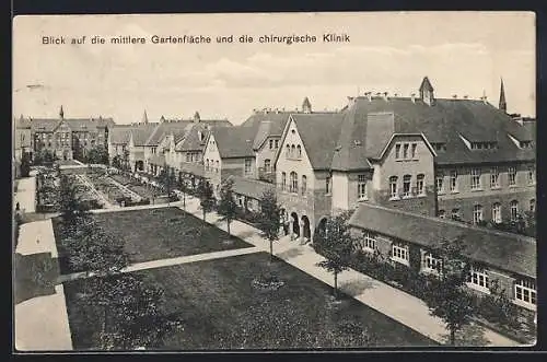 AK Köln, Städt. Krankenanstalt Lindenburg, mittlere Gartenfläche und chirurgische Klinik