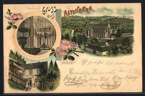 Lithographie Altenberg / Rheinland, Gasthaus zum Altenberger Dom, Aussen- und Innenansicht des Doms