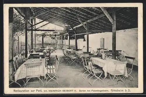 AK Griesheim b. D., Restauration zur Post, Inh. Heinrich Seibert II., Garten mit Patentkegelbahn