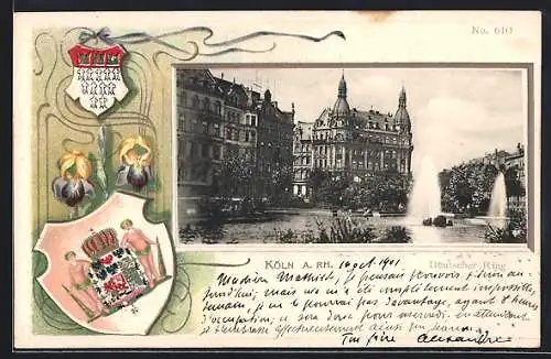 Passepartout-Lithographie Köln-Neustadt, Deutscher Ring mit Fontäne, Wappen