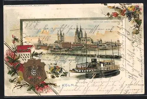 Passepartout-Lithographie Köln, Blick zur Stadt von Deutz gesehen, Segelschiffe, Wappen