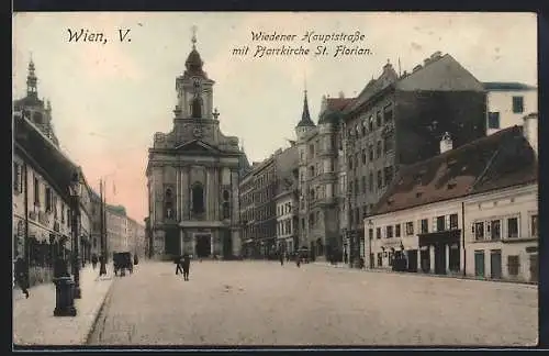 AK Wien, Wiedener Hauptstrasse mit Pfarrkirche St. Florian