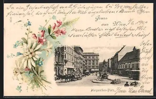 AK Wien, Margarethenplatz mit Denkmal und Geschäften, Edelweiss-Passepartout